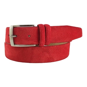 Red Suede Suede Leather Belt Casua Men&#39;s Dress Belts Genuine Leather With Silver Buckle Belt For Jeans 35 Mm