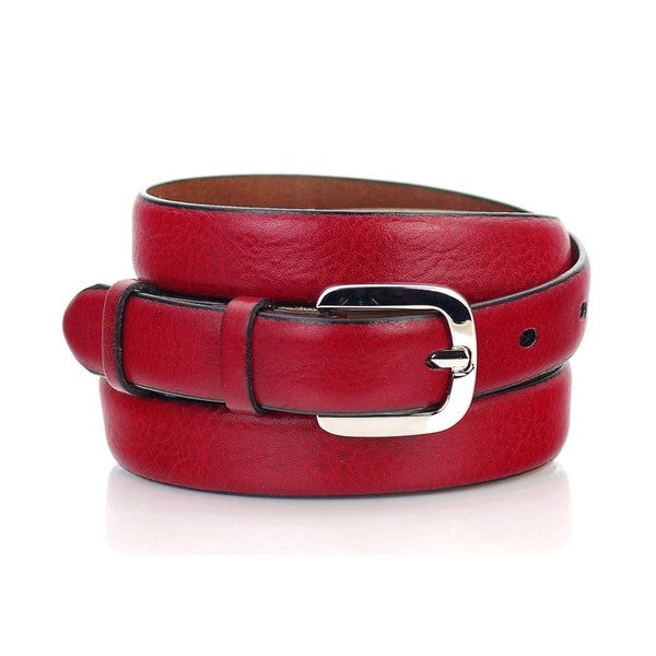 Thin Womens Red Belt For Dress Real Leather Silver Belt Buckle Leather Belt Ladies Belt For Dresses