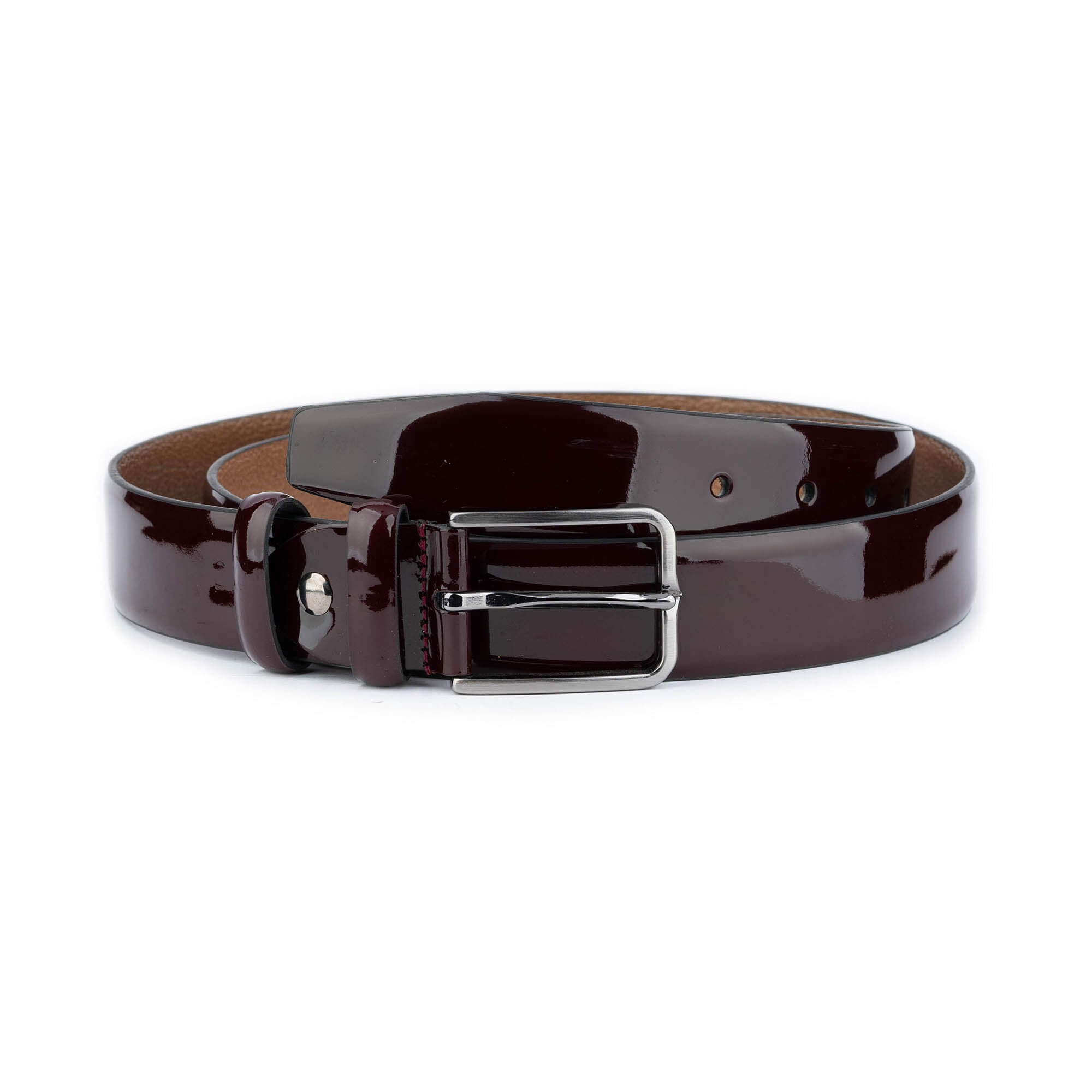 Burgundy Patent Leather Belt for Men Dress Genuine Leather Silver