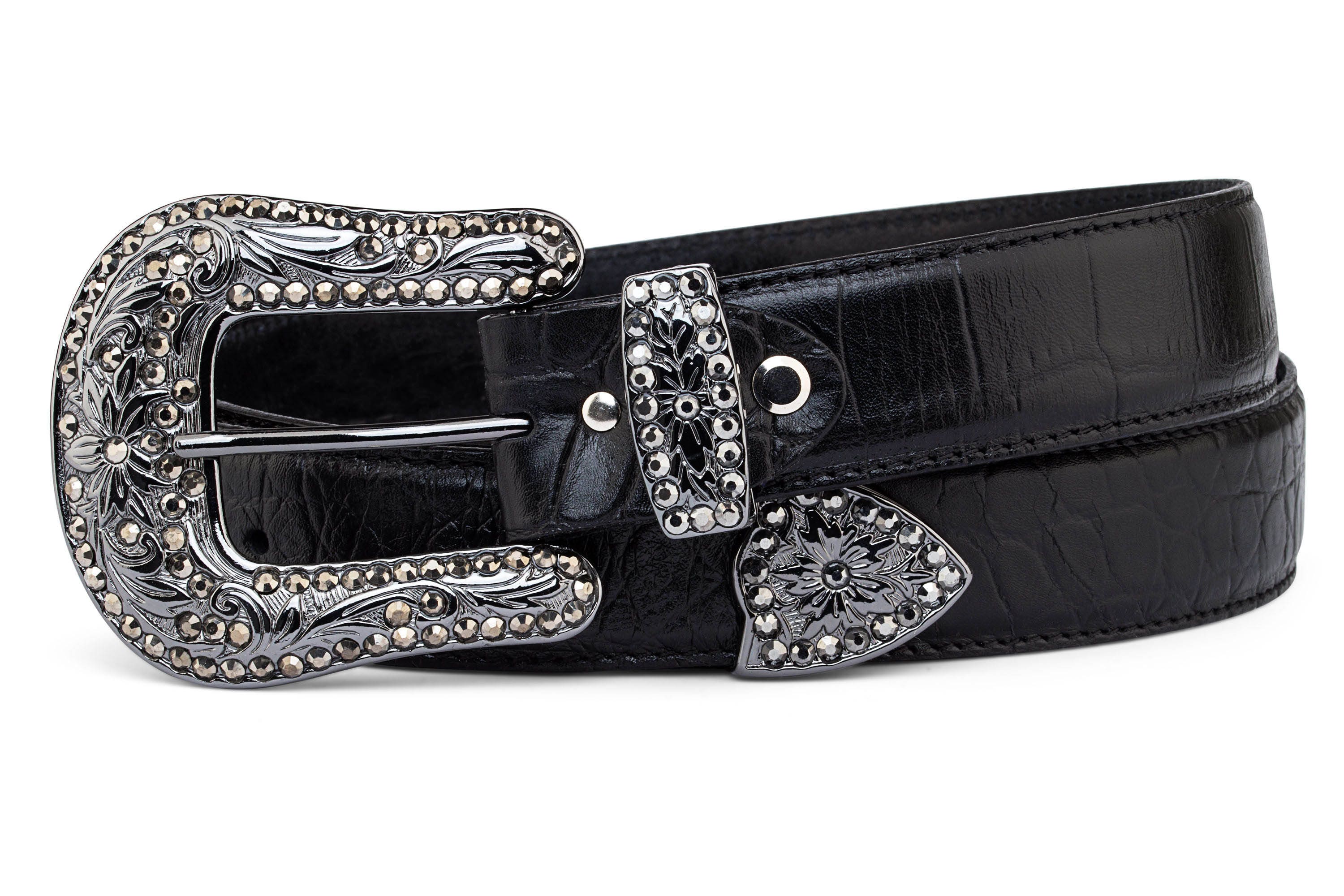 Genuine Italian Leather Belt Bling Buckle Rhinestones Silver Tone Hardware Buy Rhinestone Buckle Belt Cowgirl | Black Full Grain  main image 2