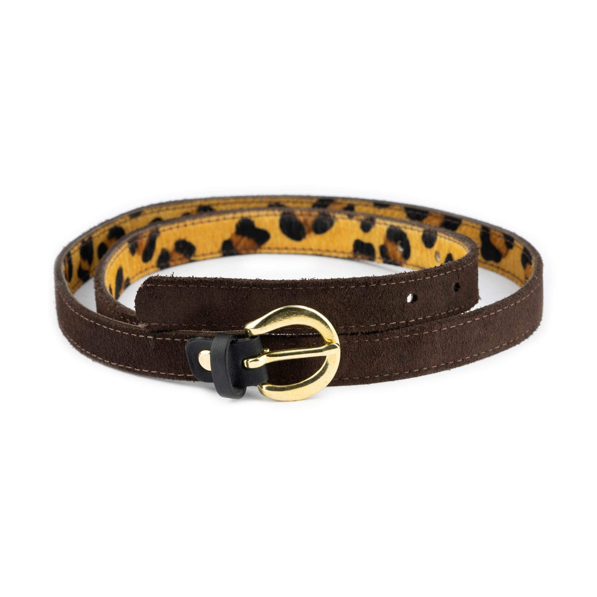 Genuine Suede Leather Skinny Belt with Gold H-Buckle, Adjustable Fit Brown Suede Belt main image 2