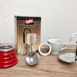 Viganò &quot;VEV&quot; coffee maker in aluminum 1 cup capacity Italian moka red color Cichita Exspress model coffee maker 2 pieces set