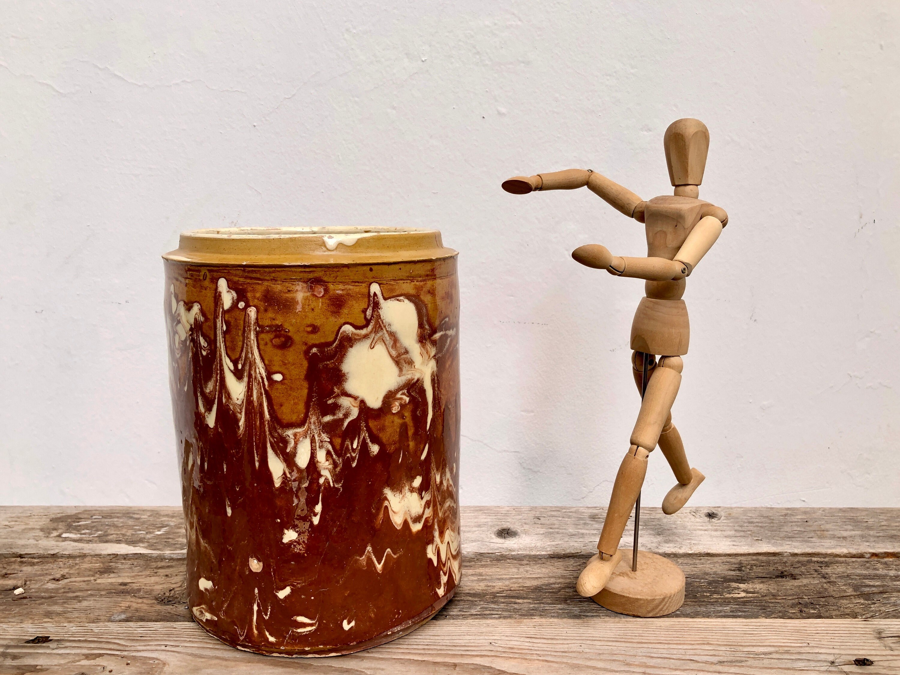 Vase émaillé ancien à effet marbré Récipient en céramique émaillée Vase confit vintage Ancienne conserve en terre cuite émaillée