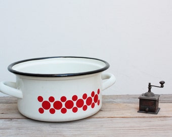 White enameled casserole pot with a red polka dot decorations Vintage
