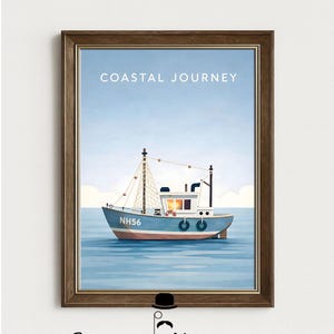 Coastal Boat Poster Scandinavian Wall Art, Nordic Travel Print Minimal Fishing Boat Illustration, Seaside Printable Decor Digital Download