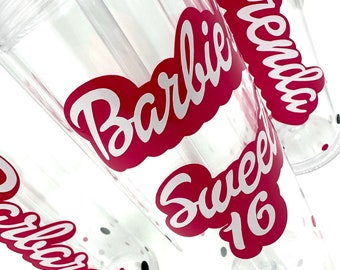 Sweet 16 Tumbler, Barb Theme with your name, Personalized Sweet 16 Acrylic Tumbler - Pink & White Polka Dot Design