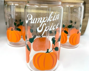 Pumpkin Spice Glass for Iced Coffee with lid and straw, Coffee lover gift, Soda Can Glass with pumpkin spice design