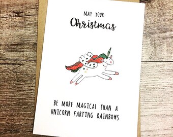 Handmade illustrated christmas xmas card, female, cheeky friend, sister, mum, daughter, unicorn, rainbow, funny, novelty, humorous, rude