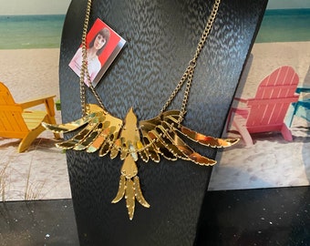 Stunning Tatty Devine Gold Mirrored Parakeet Statement Necklace London  Original Boxed Collectors piece Hand Cut Acrylic