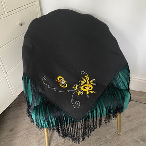 Art Deco Piano Shawl Butterfly Flowers Embroidered Vintage Antique Beautiful Scarf Wrap Silk Fringe yellow silk