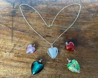 Vintage Valentines Fabulousness !!! Glass Murano Heart Pendant  interchangeable Hearts Sterling Silver Chain Aventurine Glass Love