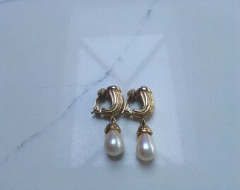 Fabulous Vintage Givenchy Clip on Drop earrings Etruscan Gold and Pearl 1990s Chanel fashion