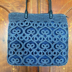 Vintage Crochet Knitted Macramé Handbag Plastic Celluloid Lucite handles 1970s Navy blue  Shopping Summer Bag