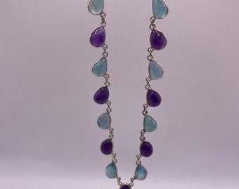 Natural Amethyst & Emerald poured glass Gripoix Handmade Artisan Sterling Silver Necklace Art Nouveau Gripoix style