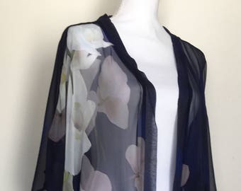 Kimono - Navy Silk Cover Up - Resort Wear - Duster - For Her - Sheer - Onesize