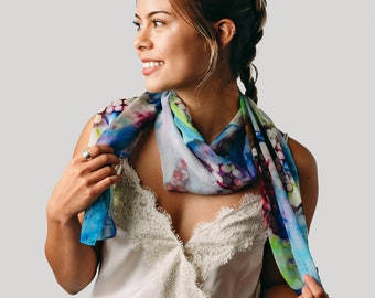 Blue Silk Scarf - Spring Silk Scarf - Gift for Her - Holiday Scarf - 15" x 60"