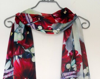 Red Floral Silk Scarf - Dragonfly Silk Scarf - Spring Scarf - Gift for Her - Garden Lover Gift - 15"x60"