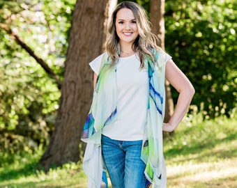 Abstract Sleeveless Duster - Green Silk Poncho - Summer Scarf For Her - Plus Clothing