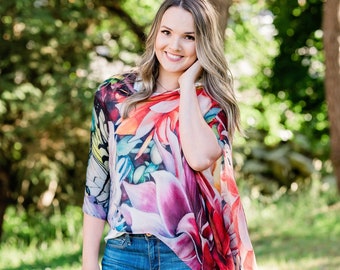 Floral Woven Shrug - Light Soft Wool Blend - Gift for Her - Made in USA