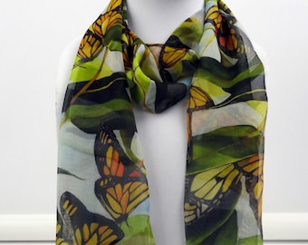 Monarch Butterfly Silk Scarf - Spring Scarf - Holiday Scarf - Gift for Her - 15"x60"