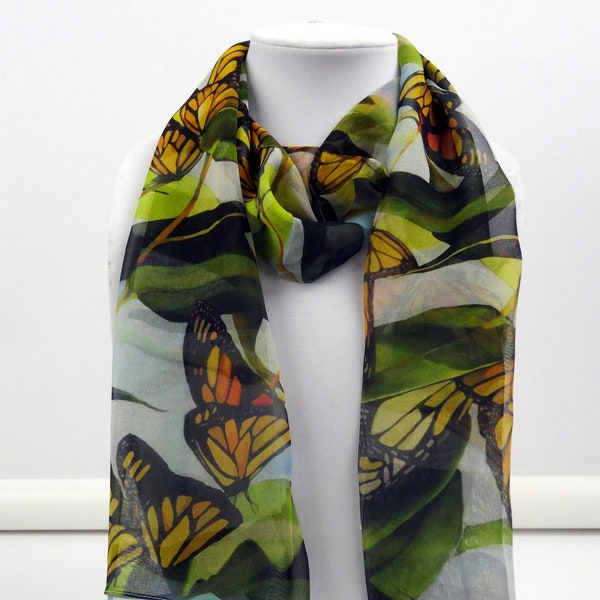 Monarch Butterfly Silk Scarf - Spring Scarf - Holiday Scarf - Gift for Her - 15"x60"