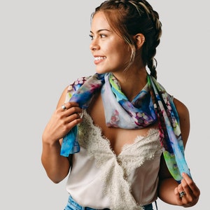 Blue Floral Silk Scarf - Spring Scarf - Holiday Scarf - Gift for Her - 15&quot;x60&quot;