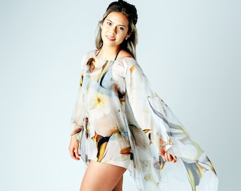 Beige Silk Caftan - Floral Kaftan - Sheer Silk Coverup - Spring Gift For Her - Sheer Caftan - Plus Clothing