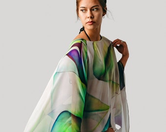 Unique Abstract Caftan - Sheer Silk Coverup - Travel Silk Poncho - Sheer Caftan - Plus Clothing