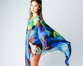 Blue Silk Caftan - Kaftan - Sheer Silk Poncho - Blue Silk Cover Up - Sheer Plus Clothing