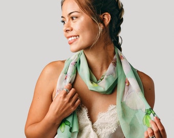 Mint Green Silk Scarf - Spring Scarf - Tropical Floral Scarf - Sheer - 15" x 60"