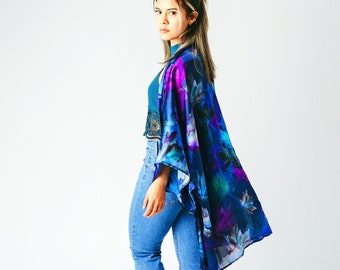 Blue Silk Kimono - Bridal Gift - Blue Floral Dinner Jacket - Silk Lingerie For Her - Plus Clothing