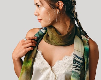 Hummingbird Silk Scarf - Holiday Gift for Her - Wedding Gift - Garden Lover Scarf - 15" x 60"