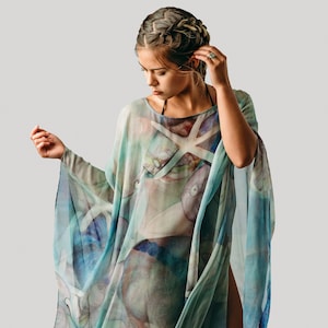 Blue Silk Caftan - Beach Kaftan - Sheer Silk Cover Up - Resort Wear - Sheer Caftan - Plus Clothing