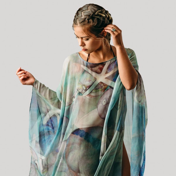 Blue Silk Caftan - Beach Kaftan - Sheer Silk Cover Up - Resort Wear - Sheer Caftan - Plus Clothing