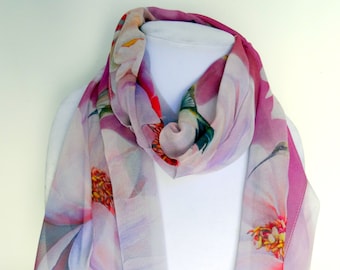 Hummingbird Silk Scarf - Peony Silk Scarf - Holiday Scarf - Spring Scarf - Gift for Her - 15" x 60"