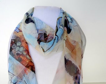 Abstract Silk Scarf - Spring, Sheer - Gift For Her - Blue Orange Silk Scarf - 15"x 75"
