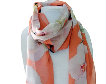 Coral Silk Scarf - Spring Scarf - Tropical Floral Scarf - Sheer - 15" x 60"