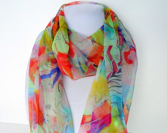 Abstract Silk Scarf - Spring Scarf - Gift for Her - Holiday Scarf - 15"x 60"