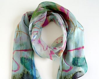 Abstract Blue Silk Scarf - Spring Scarf - Gift for Her - Holiday Scarf - 15"x 60"