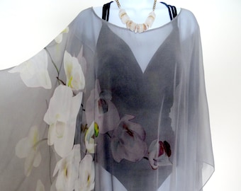 Gray Silk Caftan - Orchids Sheer Silk Cover up  - Sheer Caftan - Plus Clothing
