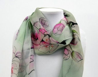 Cherry Blossom Silk Scarf- Japan Scarf - Spring Silk Scarf - Mint Green Scarf - 11" x 60"