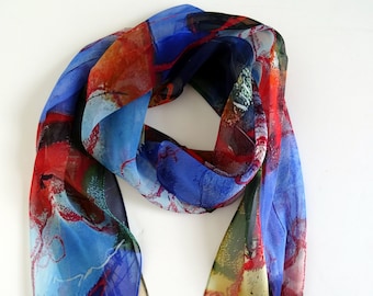 Abstract Silk Scarf - Spring Scarf - Gift For Her - Blue Orange Silk Scarf - 15"x 60"