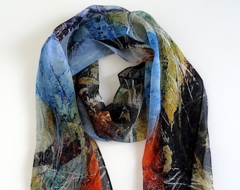 Abstract Silk Scarf - Spring Scarf - Gift For Her - Blue Orange Silk Scarf - 15"x 60"