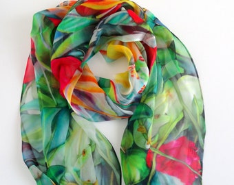 Frog Silk Scarf -Tropical Scarf - Holiday Scarf - Gift for Her - 15"x 60"