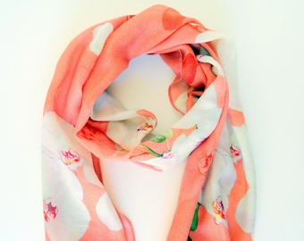 Coral Silk Scarf - Wool Scarf - Tropical Floral Scarf - 15" x 72"