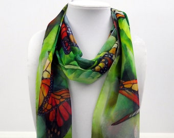 Monarch Butterfly Silk Scarf - Spring Scarf - Gift for Her - 15"x 60"