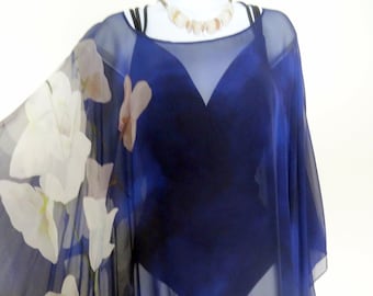 Navy Silk Caftan - Cobalt Kaftan - Poncho - Silk Sheer Cover Up - Plus Clothing