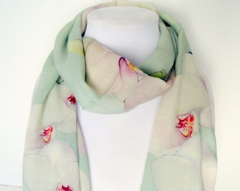 Mint Green Wool Scarf - Christmas Scarf - Tropical Floral Scarf - 15" x 72"