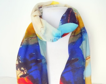 Abstract Wool Scarf - Fall Scarf - Gift for Her - Blue Orange Scarf - 15"x 72"