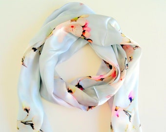 Cherry Blossom Silk Scarf - Spring Scarf - Holiday Scarf - Gift for Her - 15"x 60"